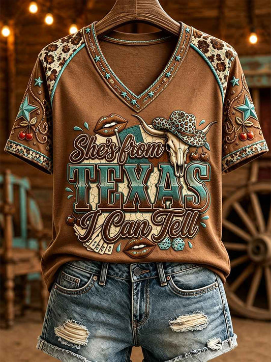 Women's She's From Texas I Can Tell Print Casual V-Neck Tee