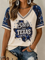 Women's She's From Texas I Can Tell Print Casual V-Neck Tee