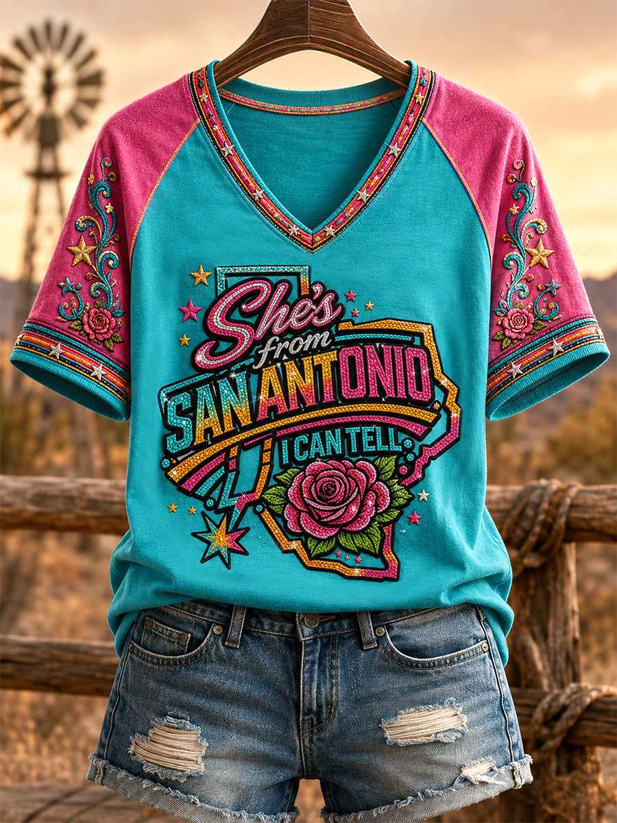 Women's She's From Texas I Can Tell Print Casual V-Neck Tee