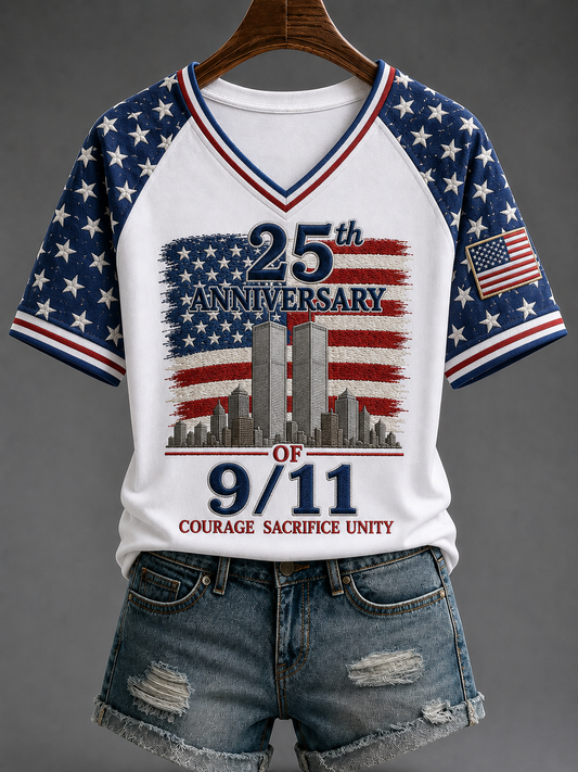 Women's American Patriot Day V-neck Off-shoulder Short-sleeved T-shirt gracestitchs