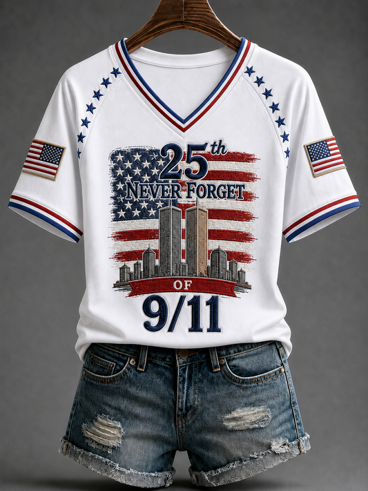 Women's American Patriot Day V-neck Off-shoulder Short-sleeved T-shirt gracestitchs