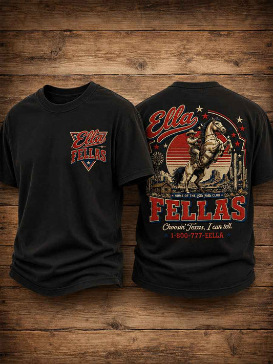 Men's Retro Western Ella's Fellas Club Cowboy Print Casual Tee