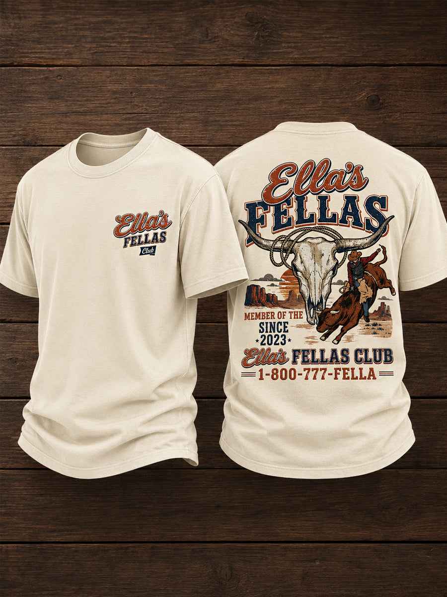 Men's Retro Western Ella's Fellas Club Cowboy Print Casual Tee
