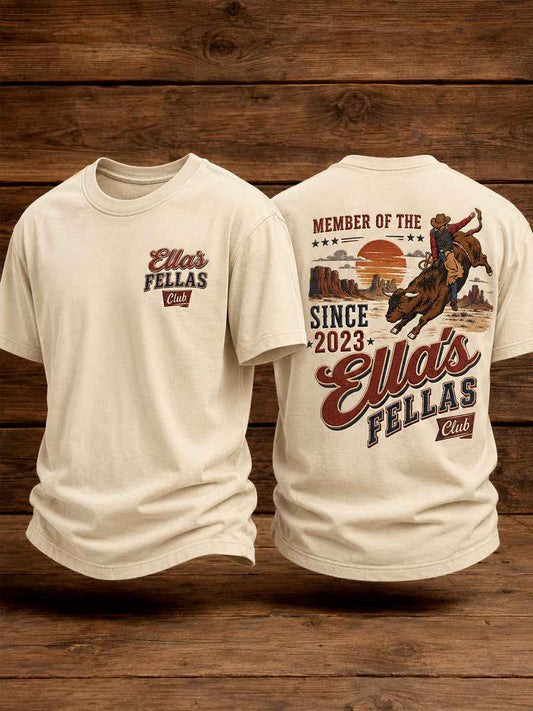 Men's Retro Western Ella's Fellas Club Cowboy Print Casual Tee