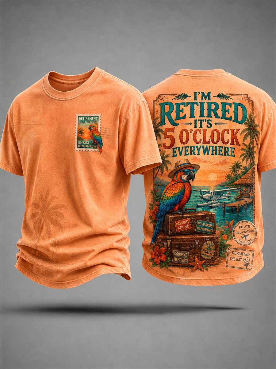 Men's I'm Retired It's 5 O'clock Everywhere Parrot Print Casual Tee