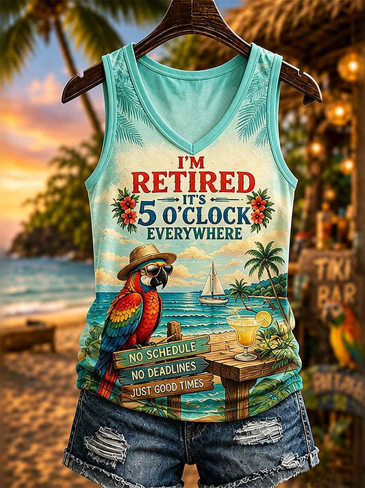 Women's I'm Retired It's 5 O'clock Everywhere Parrot Print Casual V-Neck Vest