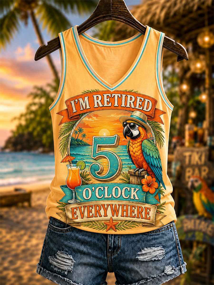 Women's I'm Retired It's 5 O'clock Everywhere Parrot Print Casual V-Neck Vest