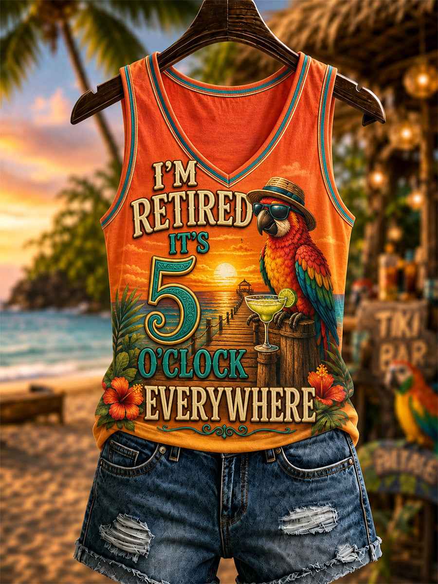 Women's I'm Retired It's 5 O'clock Everywhere Parrot Print Casual V-Neck Vest