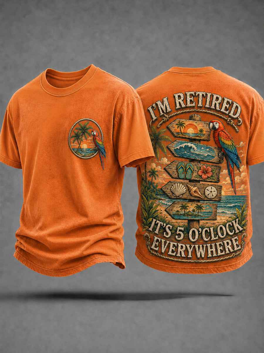 Men's I'm Retired It's 5 O'clock Everywhere Parrot Print Casual Tee