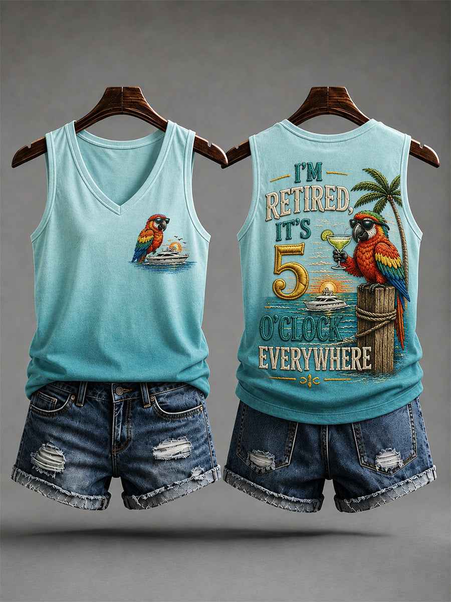 Women's I'm Retired It's 5 O'clock Everywhere Parrot Print Casual V-Neck Vest