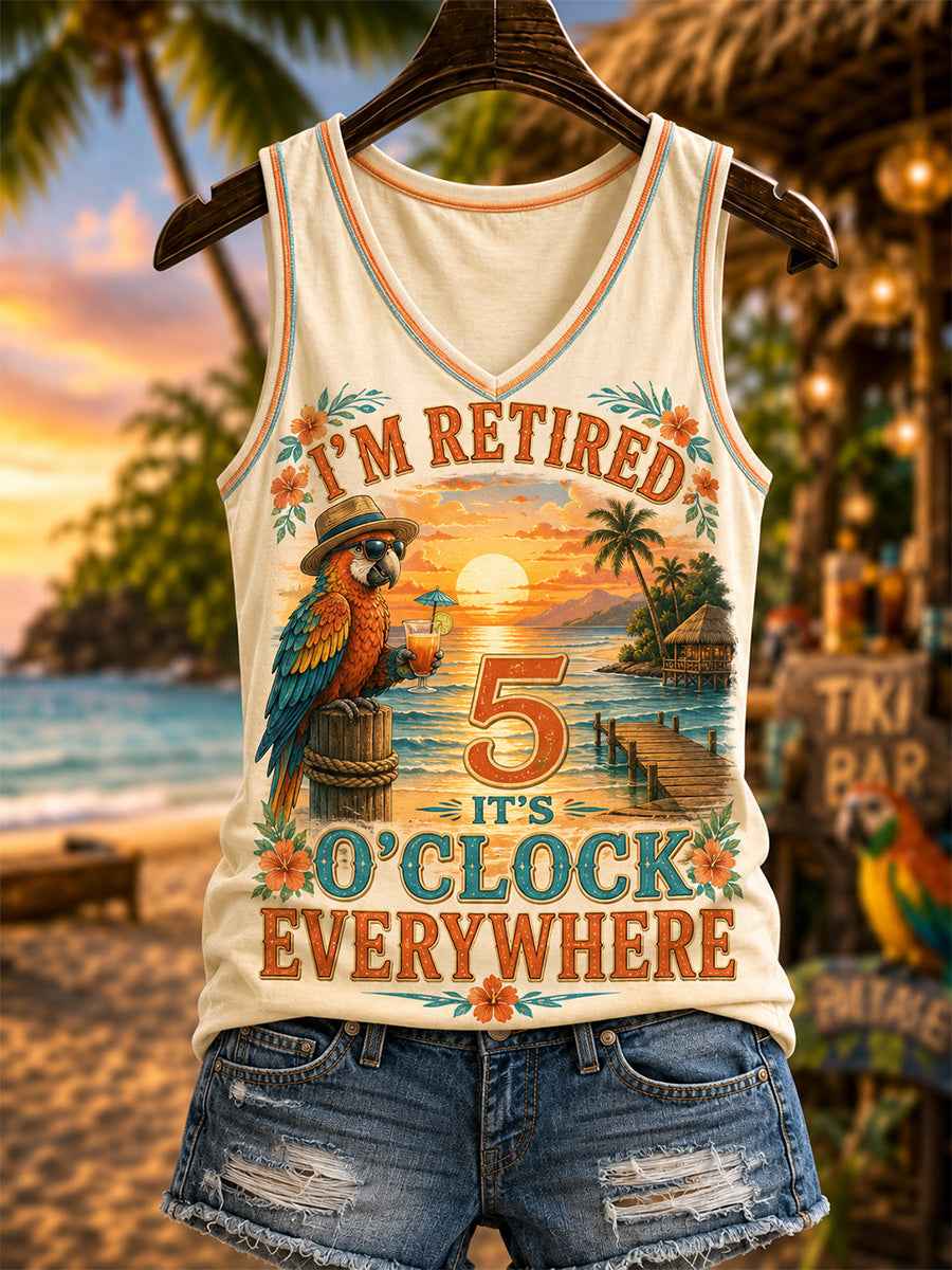 Women's I'm Retired It's 5 O'clock Everywhere Parrot Print Casual V-Neck Vest