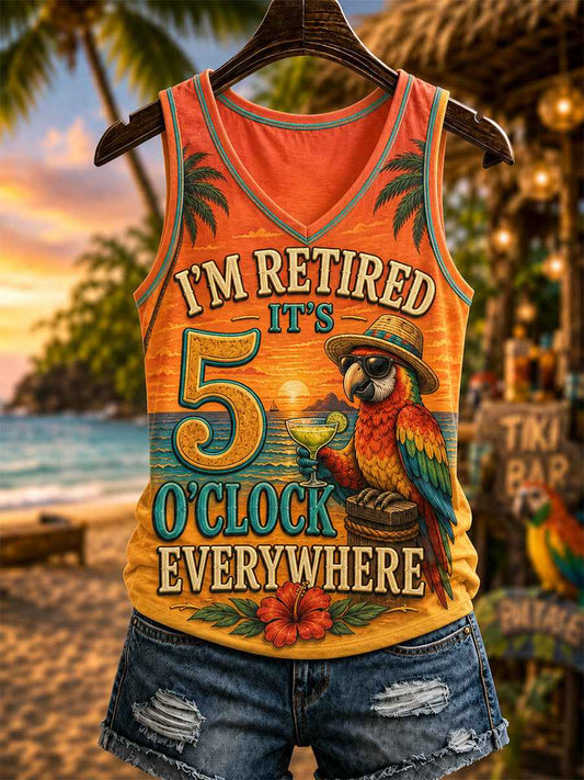 Women's I'm Retired It's 5 O'clock Everywhere Parrot Print Casual V-Neck Vest
