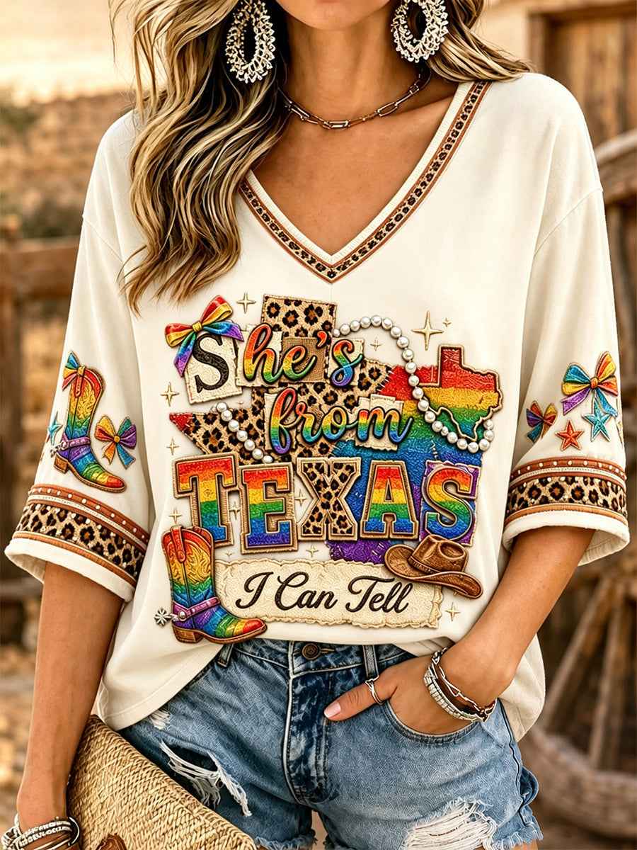 Women's She's From Texas I Can Tell Print Casual V-Neck Tee