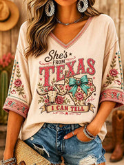 Women's She's From Texas I Can Tell Print Casual V-Neck Tee