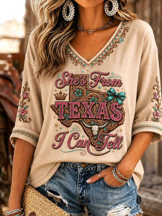Women's She's From Texas I Can Tell Print Casual V-Neck Tee