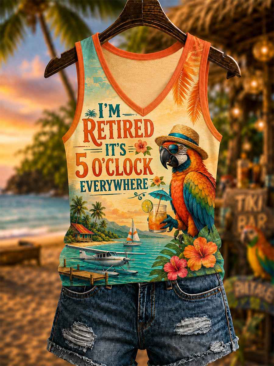 Women's I'm Retired It's 5 O'clock Everywhere Parrot Print Casual V-Neck Vest