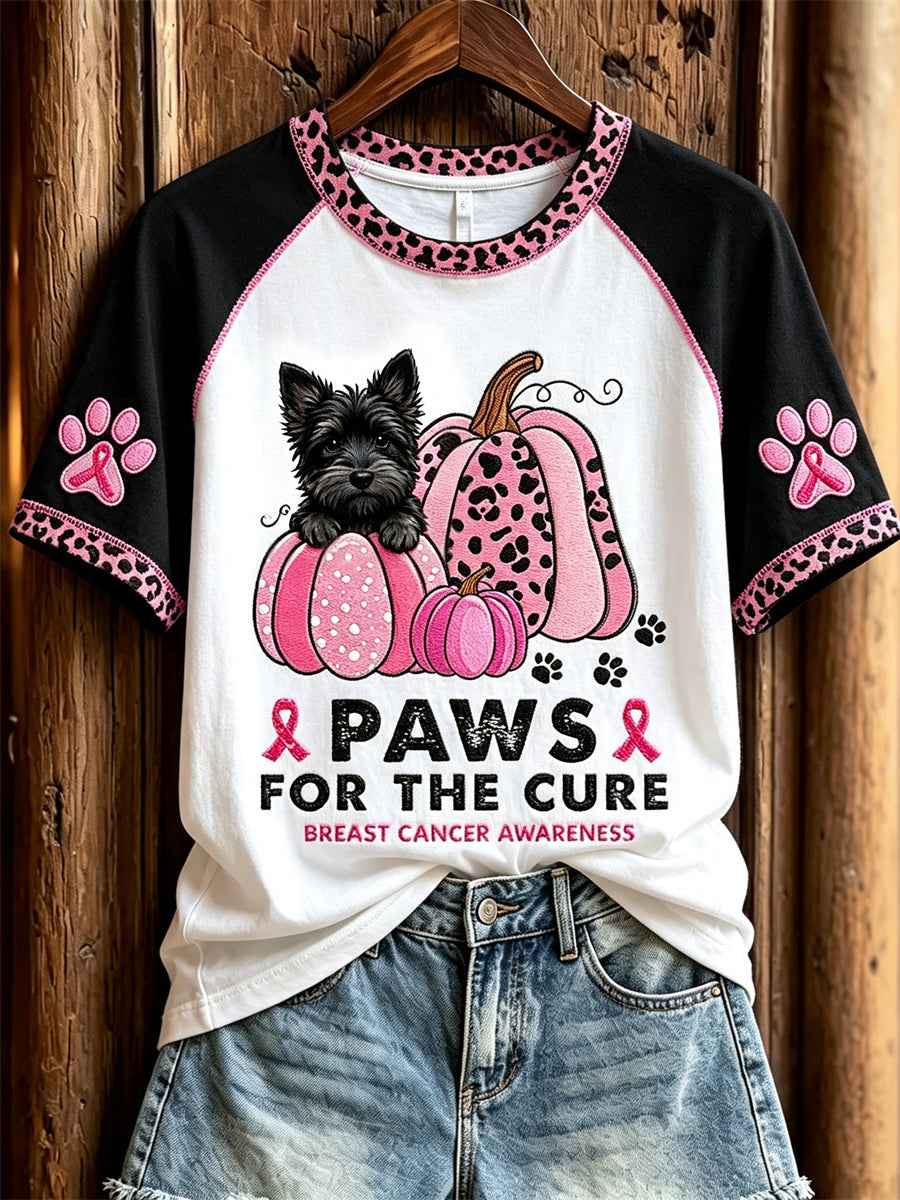 Women's Paws for the Cure Breast Cancer Awareness Scottie Dog & Pink Pumpkins Print short-sleeved T-shirt