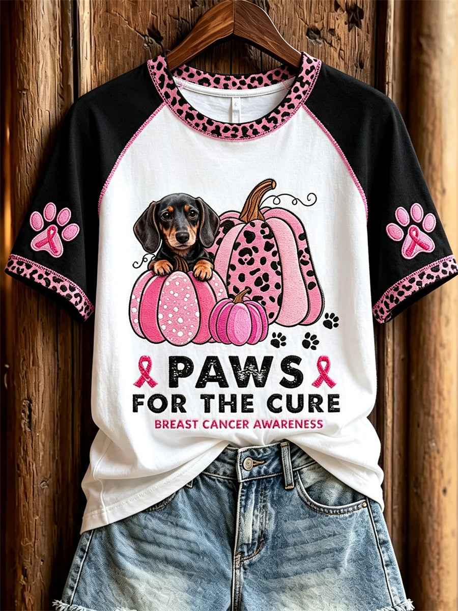 Women's Paws for the Cure Breast Cancer Awareness Dachshund & Pink Pumpkins Print short-sleeved T-shirt