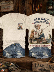 Women's Funny Old Gals Fishing Club Lifetime Member Print Casual V-Neck Tee