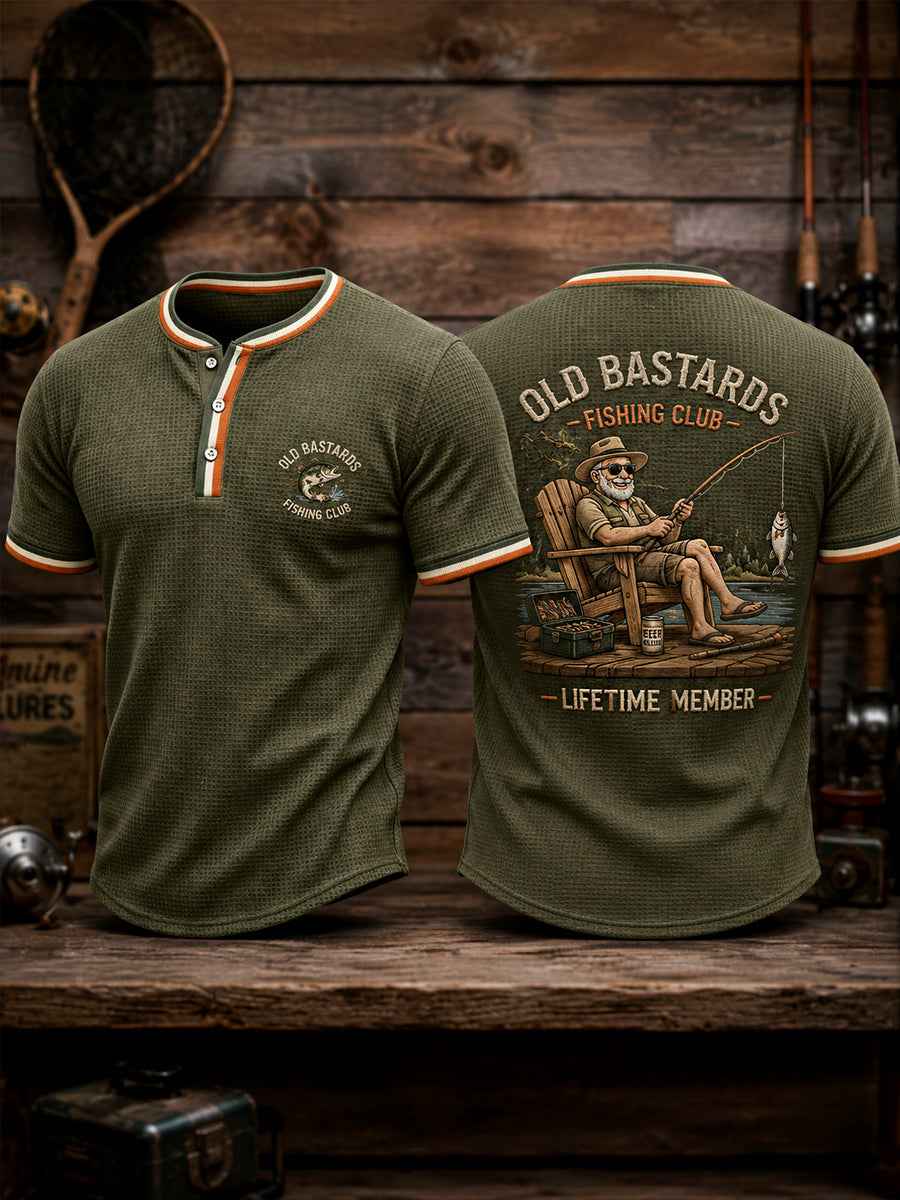 Men's Funny Old Bastards Fishing Club Lifetime Member Print Casual Waffle Tee