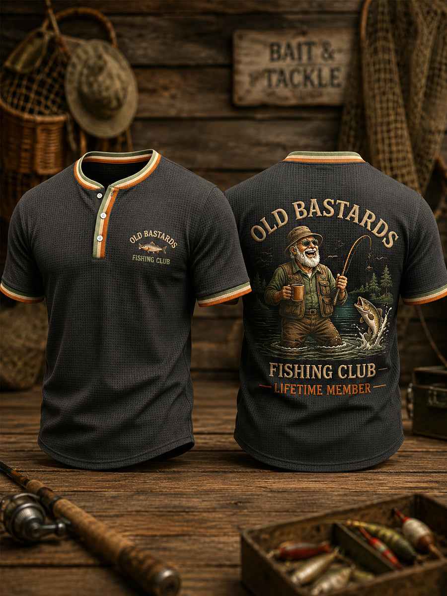 Men's Funny Old Bastards Fishing Club Lifetime Member Print Casual Waffle Tee