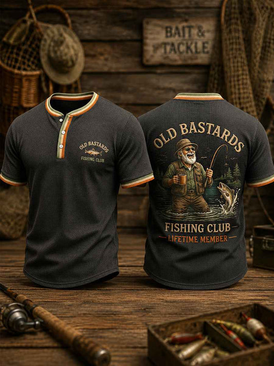 Men's Funny Old Bastards Fishing Club Lifetime Member Print Casual Waffle Tee
