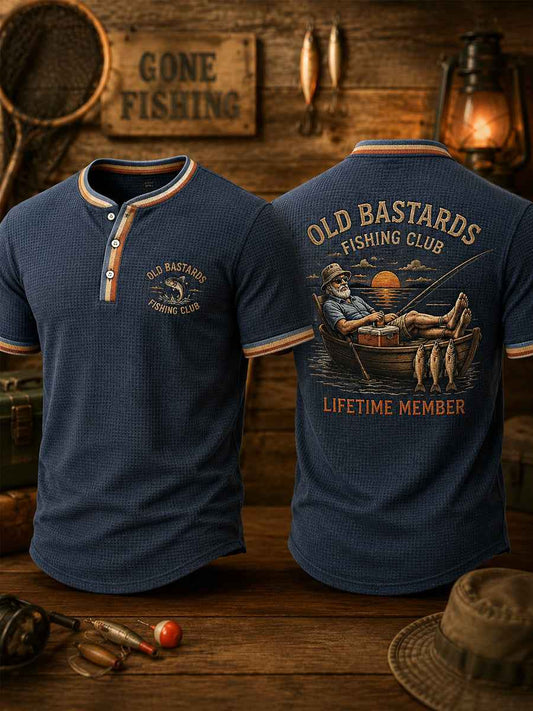 Men's Funny Old Bastards Fishing Club Lifetime Member Print Casual Waffle Tee