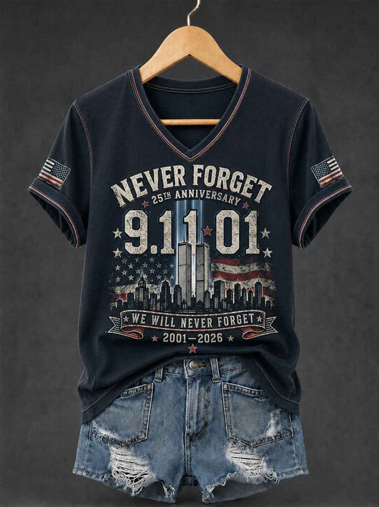 Women's 9.11 Never Forget Printed V-neck T-shirt