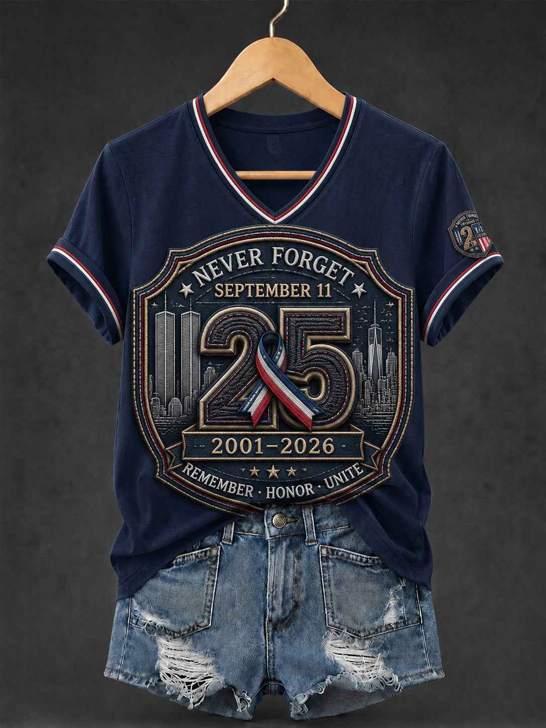 Women's 9.11 Never Forget Printed V-neck T-shirt