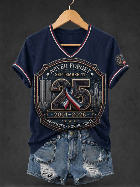 Women's 9.11 Never Forget Printed V-neck T-shirt
