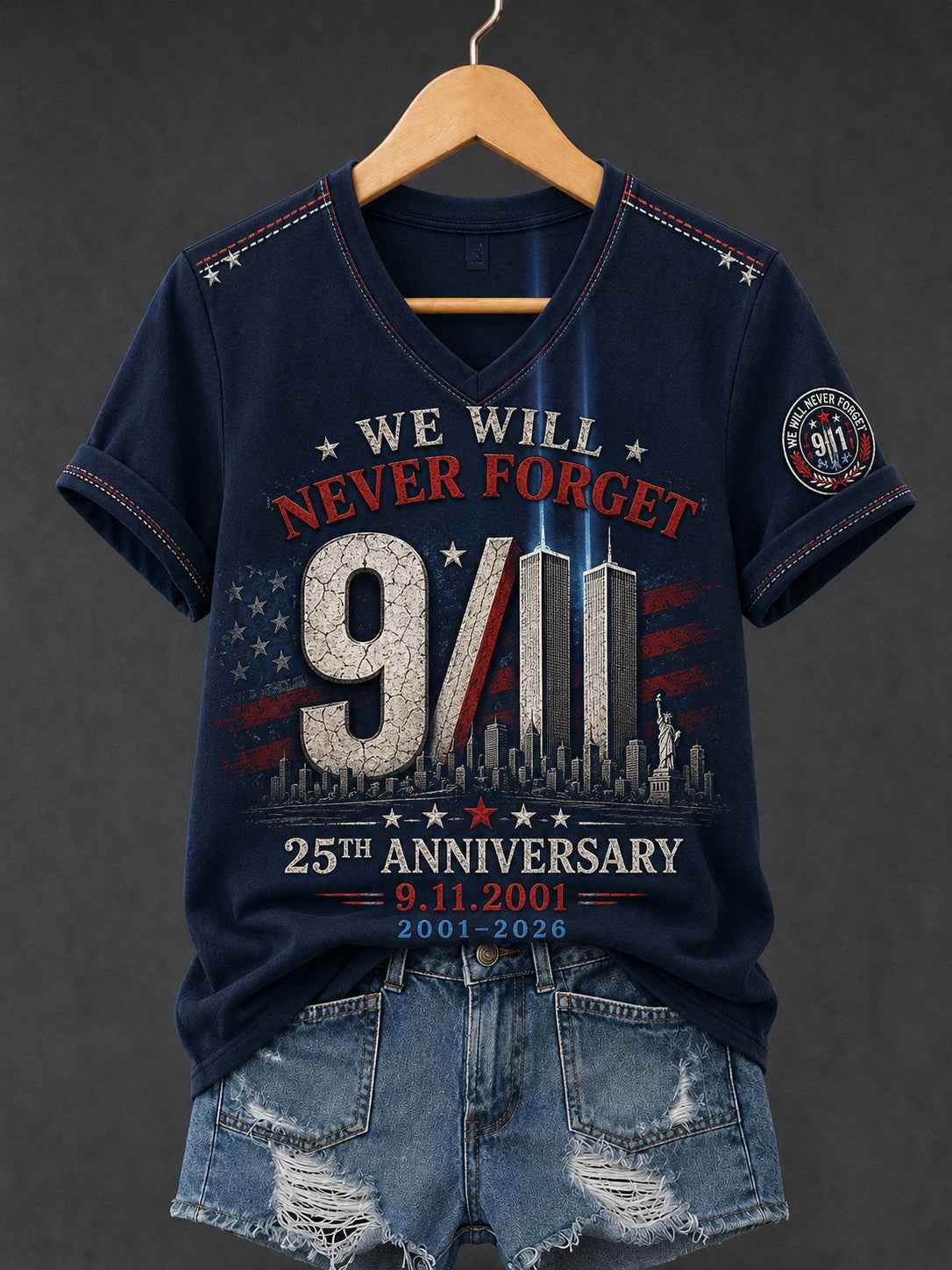 Women's 9.11 Never Forget Printed V-neck T-shirt