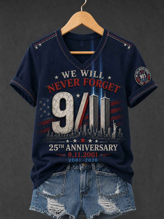 Women's 9.11 Never Forget Printed V-neck T-shirt