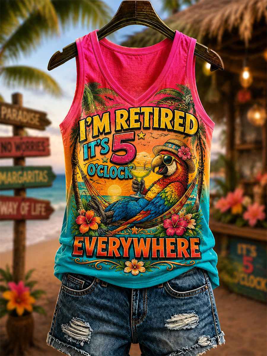Women's I'm Retired It's 5 O'clock Everywhere Parrot Print Casual V-Neck Vest