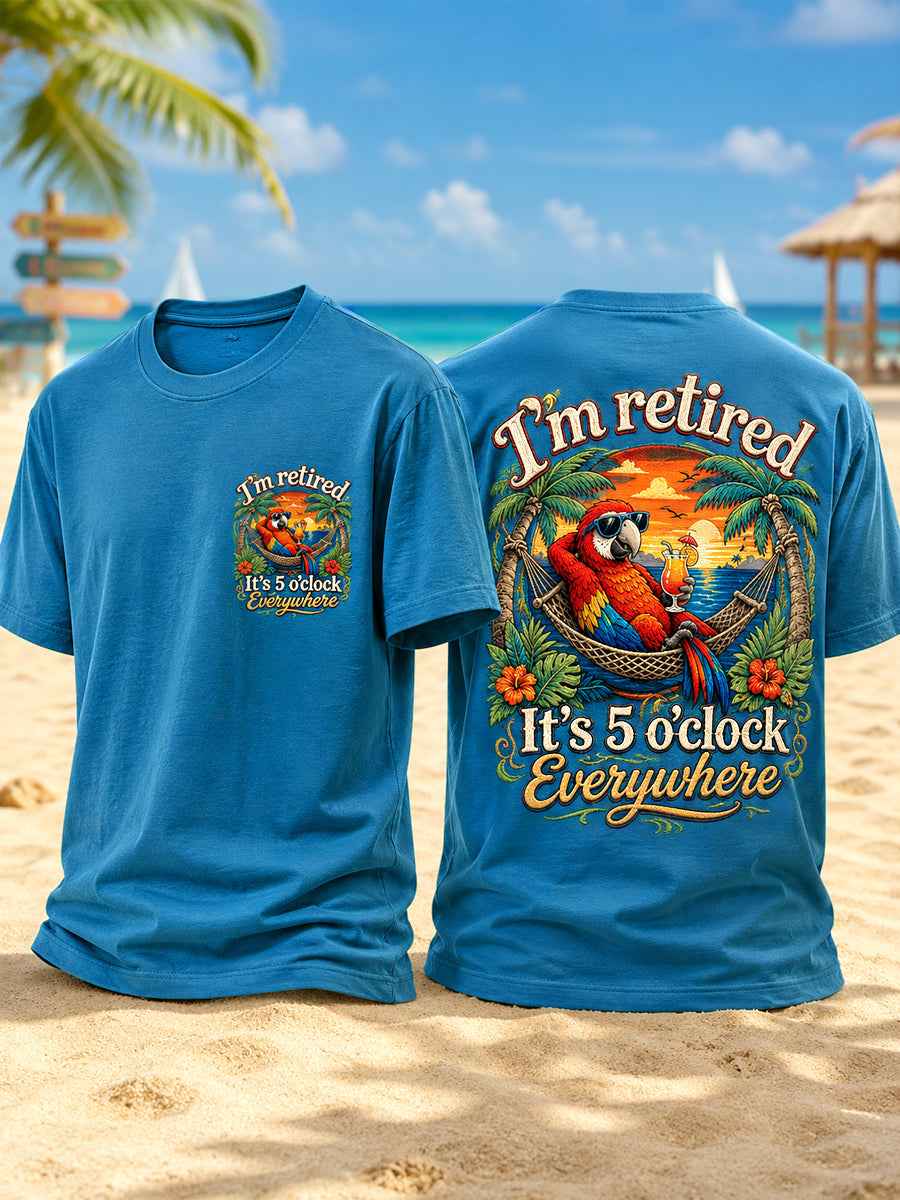 Men's I'm Retired It's 5 O'clock Everywhere Parrot Print Casual Tee
