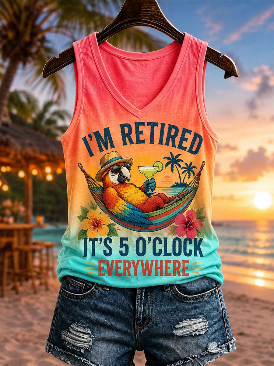 Women's I'm Retired It's 5 O'clock Everywhere Parrot Print Casual V-Neck Vest