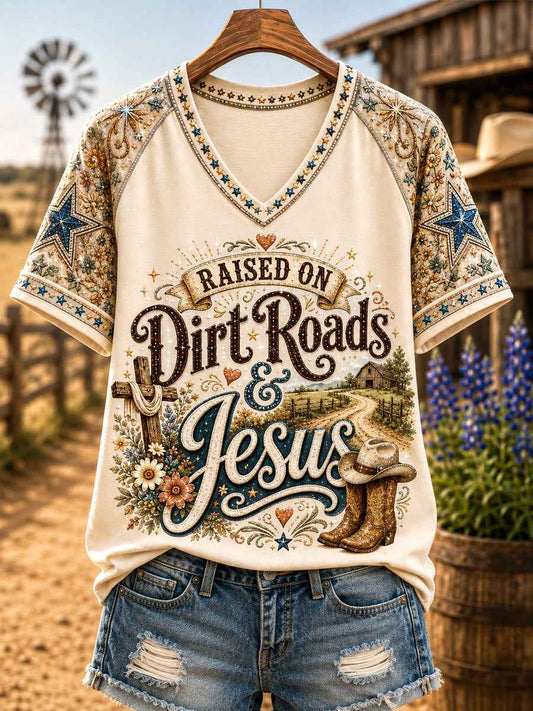 Women's Retro Western Raised On Dirt Roads And Jesus Print Casual V-Neck Tee