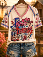 Women's She's From Texas I Can Tell Print Casual V-Neck Tee