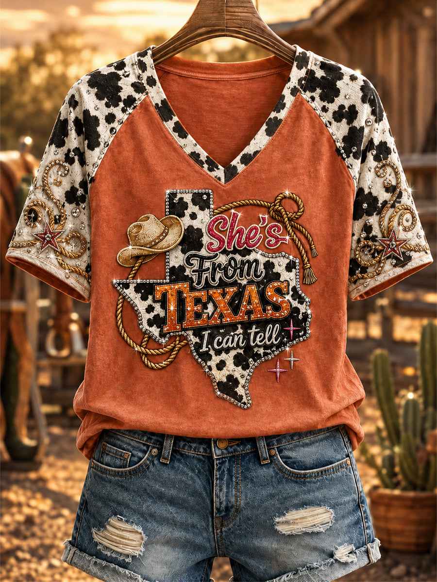 Women's She's From Texas I Can Tell Print Casual V-Neck Tee