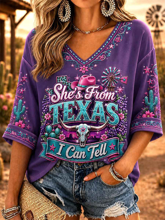 Women's She's From Texas I Can Tell Print Casual V-Neck Tee