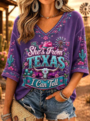 Women's She's From Texas I Can Tell Print Casual V-Neck Tee