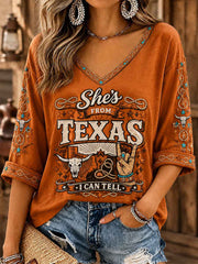 Women's She's From Texas I Can Tell Print Casual V-Neck Tee