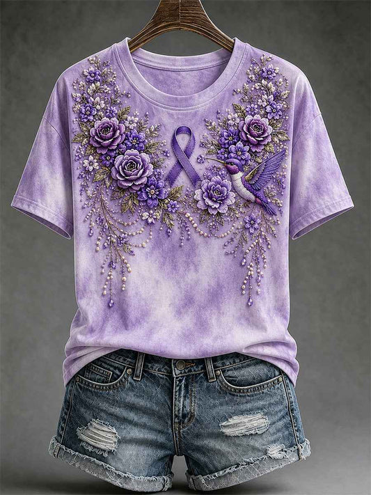 Women's Purple Floral & Hummingbird Print Alzheimer's Awareness Support V-Neck Tee