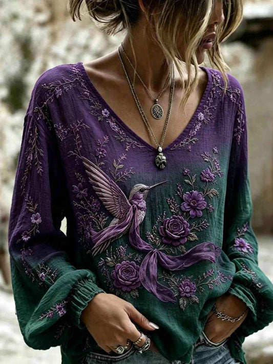 Women's Floral Hummingbird Art Alzheimer's Awareness T-shirt