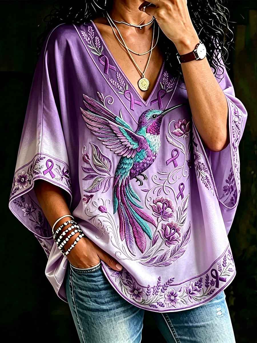 Women's Classy Hummingbird Purple Ribbon Floral Print V Neck Shirt