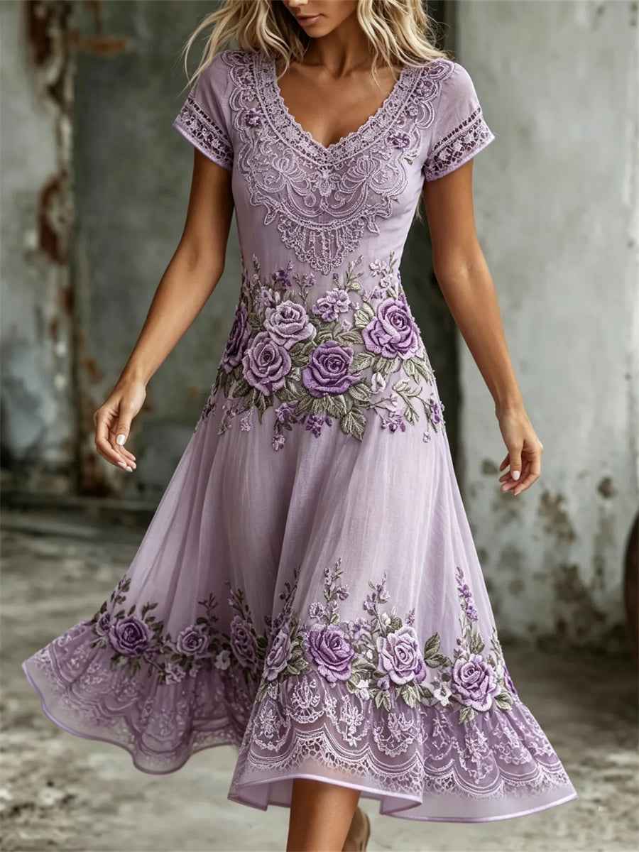Women's Classy Purple Floral Boho Lace Art Print Flowy Maxi Dress