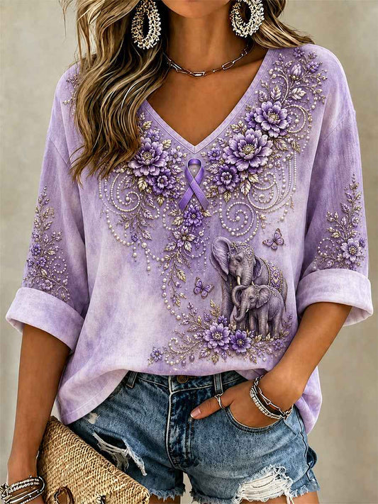 Women's Purple Floral & Elephant Print Alzheimer's Awareness Support V-Neck Tee