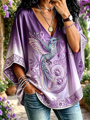 Women's Classy Hummingbird Purple Ribbon Floral Print V Neck Shirt