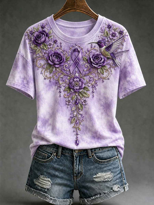 Women's Purple Floral & Hummingbird Print Alzheimer's Awareness Support V-Neck Tee