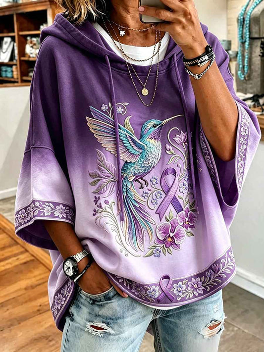 Women's Alzheimer's Disease Hummingbird Purple Ribbon Floral Print Hoodie