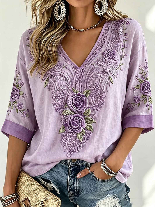 Women's purple floral print casual linen mid-length sleeves T-shirt